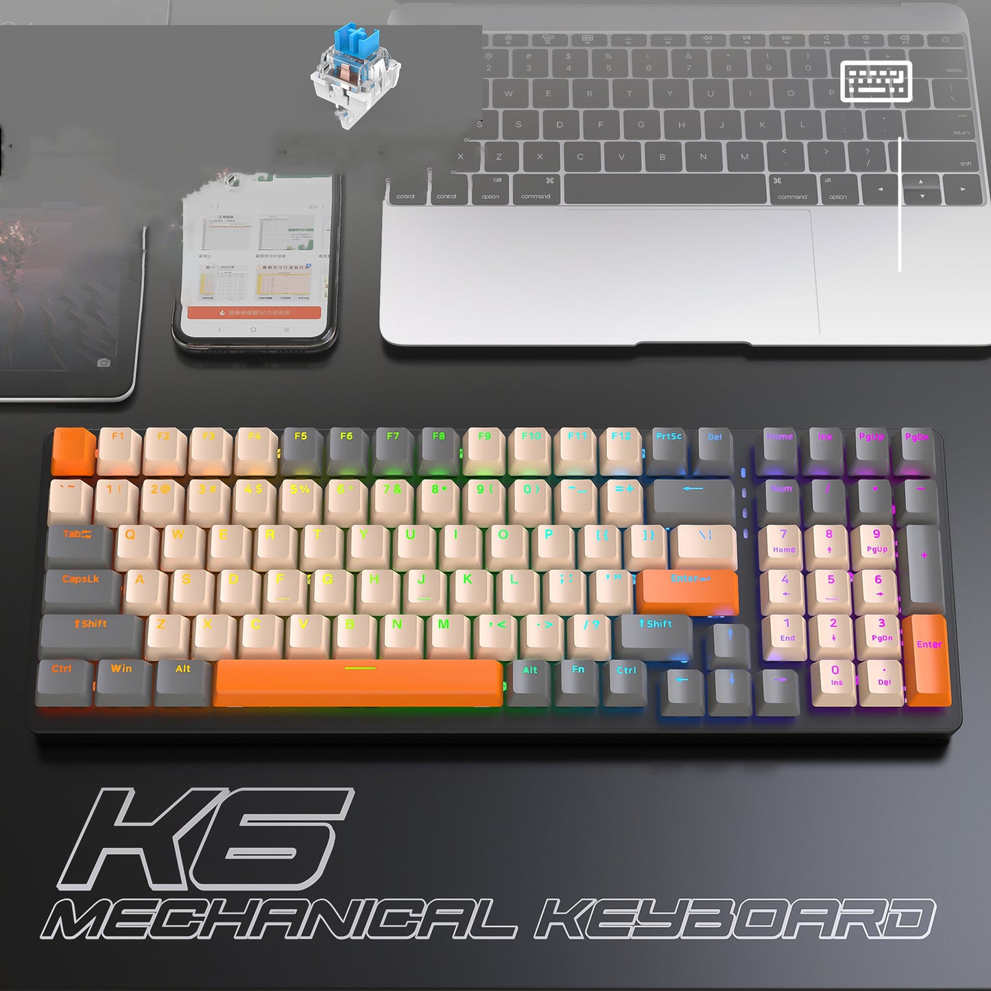 K6 Mechanical Keyboard Wireless 5.0 BT 2.4 Ghz Wired Three Modes Backlit Bluetooth