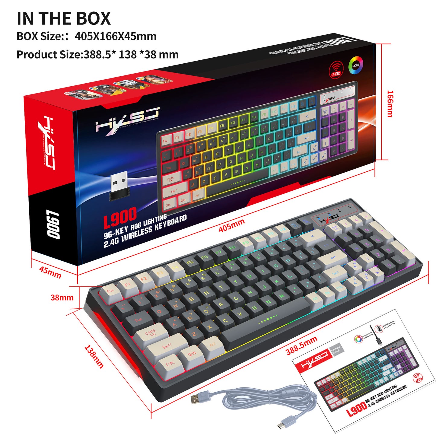 Gaming keyboard RGB backlight two-color keycaps gray and white double color 2.4G wireless membrane keyboard