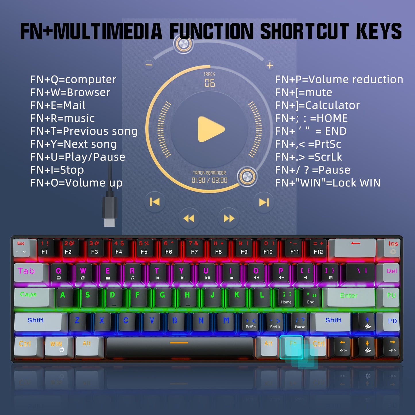 New 68 Key RGB With Blue And Red Axis Mechanical Keyboard 60%