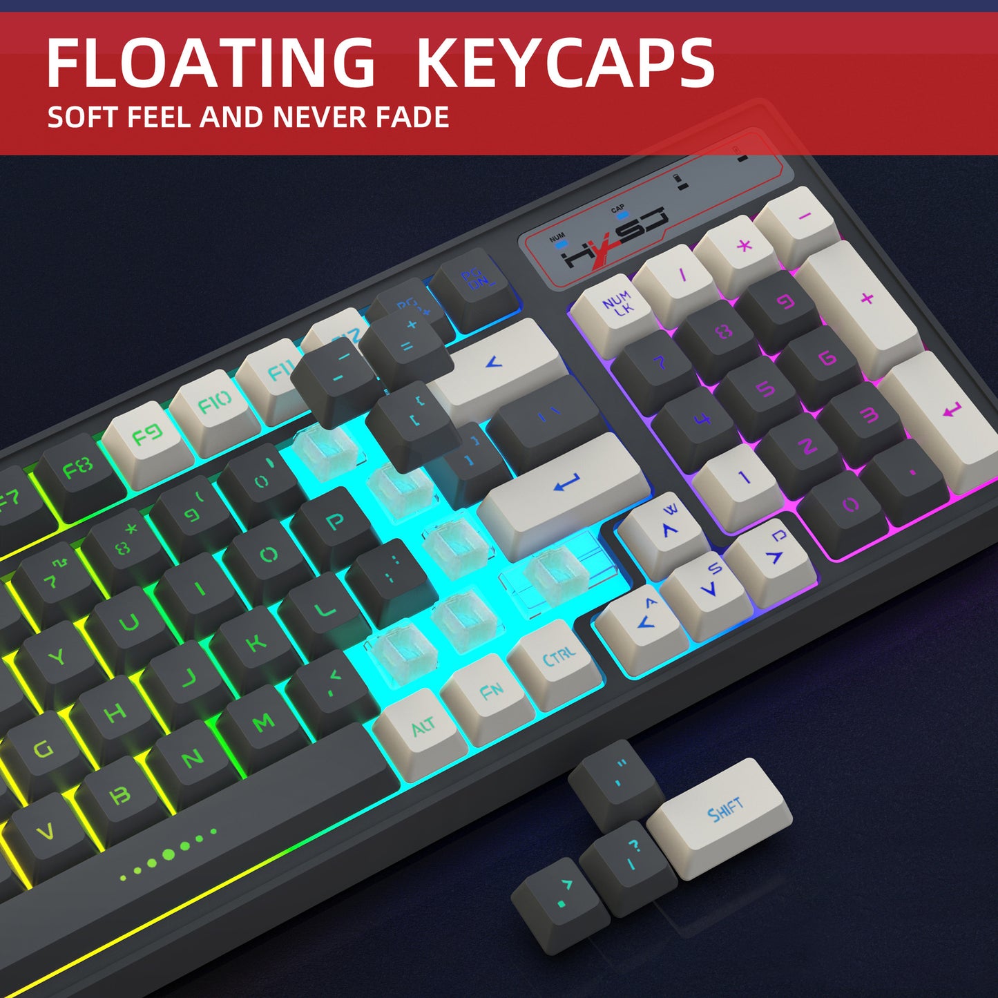 Gaming keyboard RGB backlight two-color keycaps gray and white double color 2.4G wireless membrane keyboard