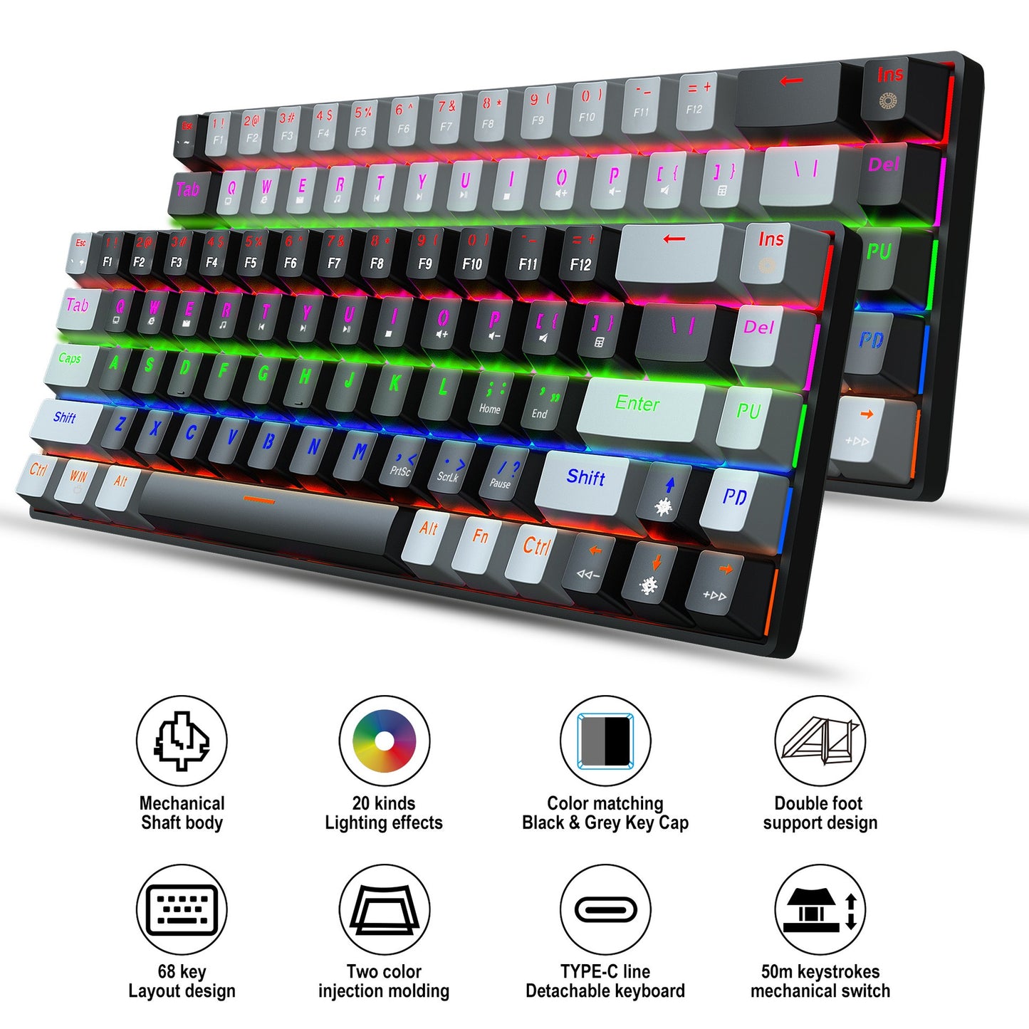 New 68 Key RGB With Blue And Red Axis Mechanical Keyboard 60%