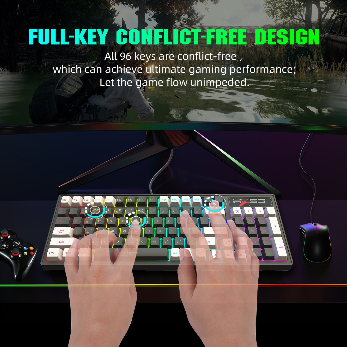 Gaming keyboard RGB backlight two-color keycaps gray and white double color 2.4G wireless membrane keyboard