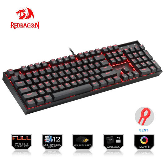 Redragon USB Mechanical Gaming Keyboard Ergonomic Key Backlit Single Breathing Light Full Key Anti-Ghosting 104 Keys